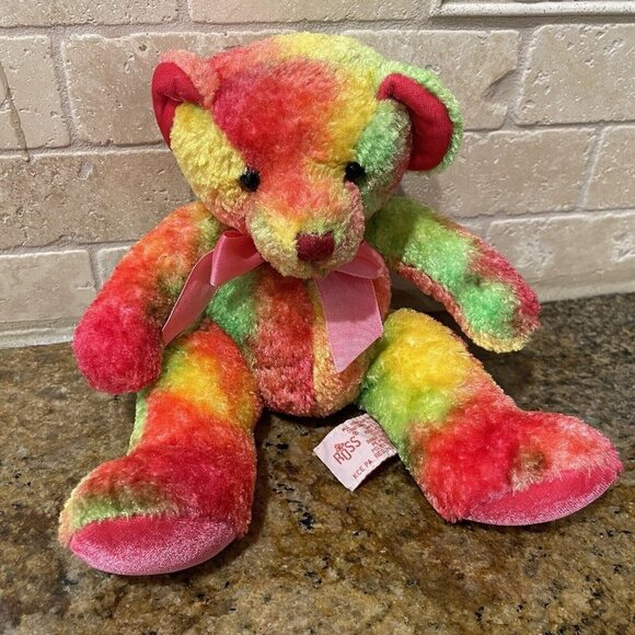 Russ Confetti Teddy Bear Plush Toy Animal‎ 10" Rainbow Splash Tie Dye Ribbon - Picture 1 of 8